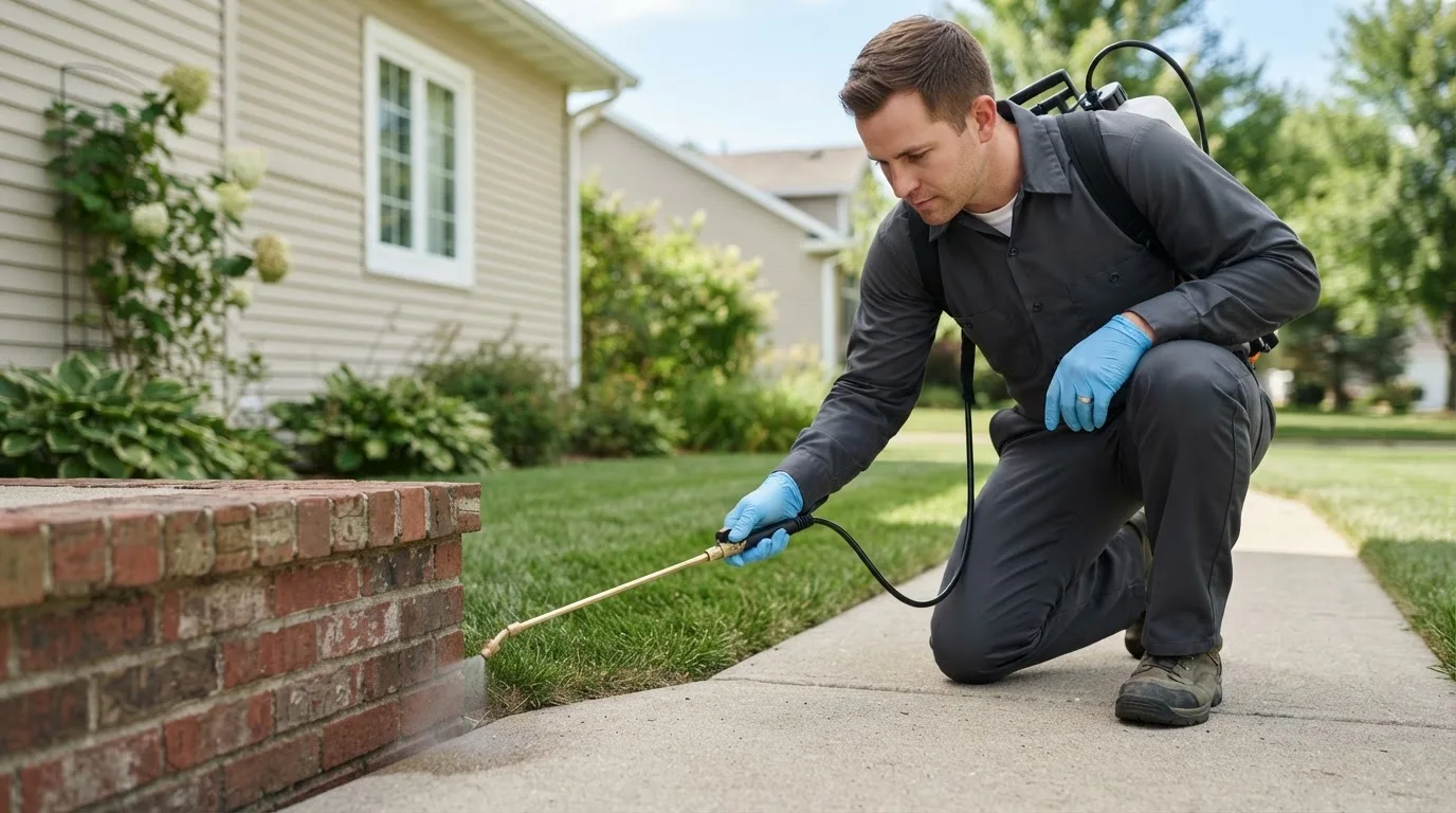 Pest control technician treating a home near Perham, MN